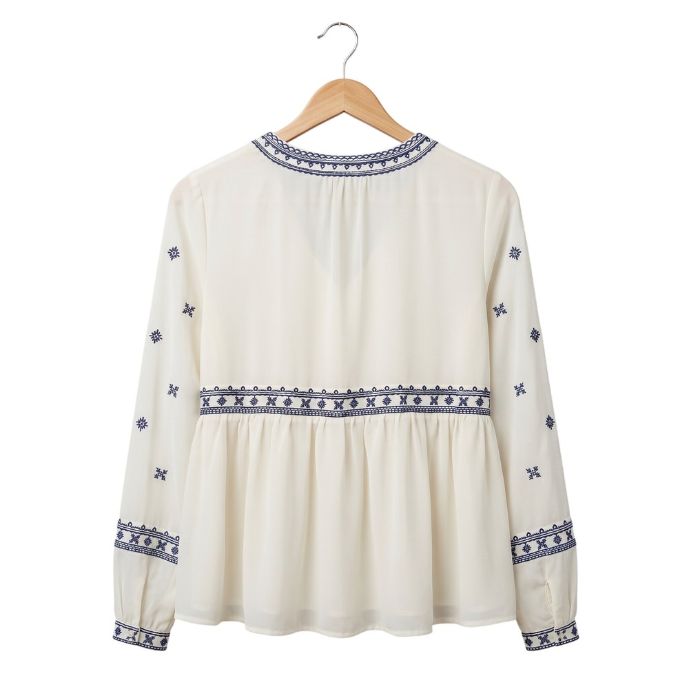 Stella & Dot MAETTE Cream Navy Blue Embroidered V-Neck Boho Peplum Blouse Small - Picture 5 of 7